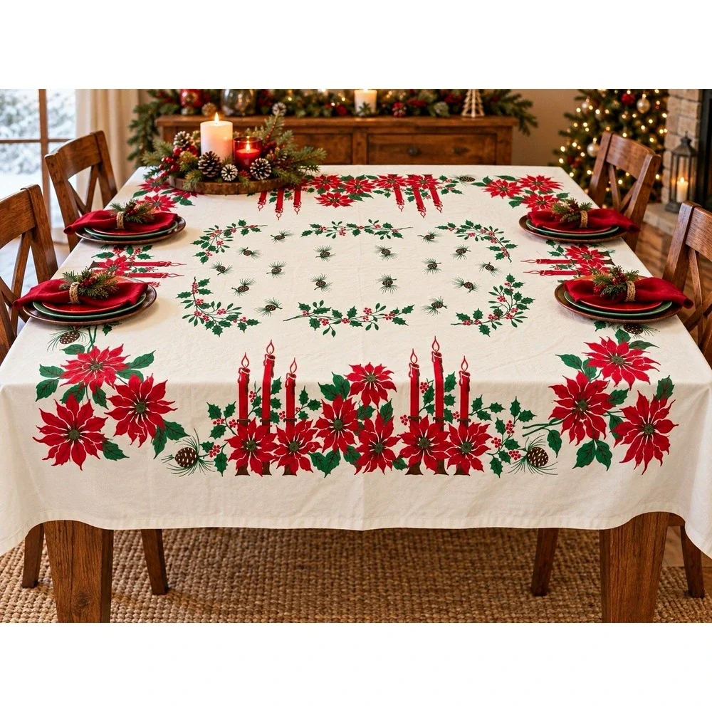 Vintage Christmas Tablecloth 52x60 Poinsettia Holly Candle Pinecone Holiday